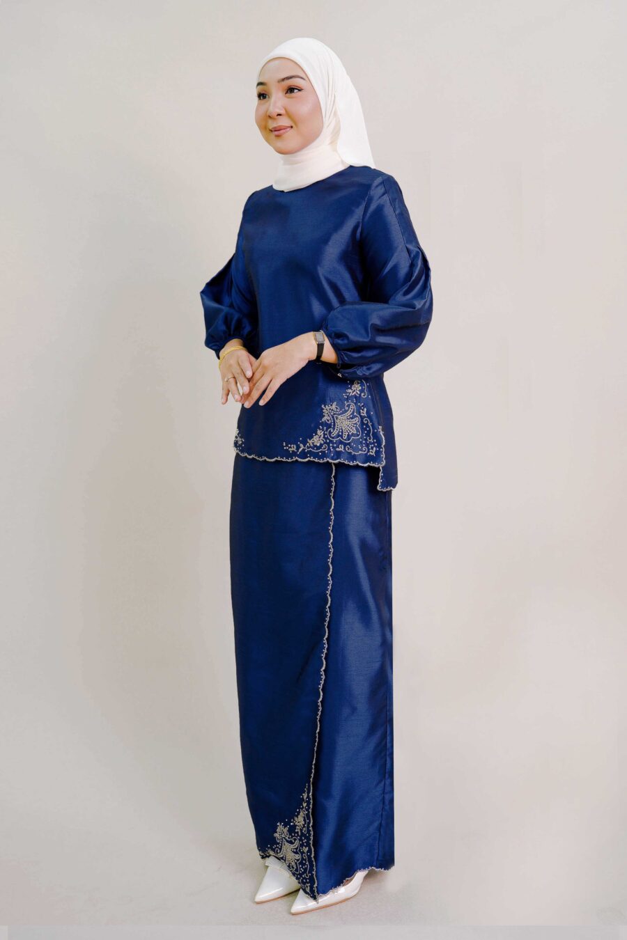 Evelyn Kurung with Embroidery in Royal Blue - Image 2