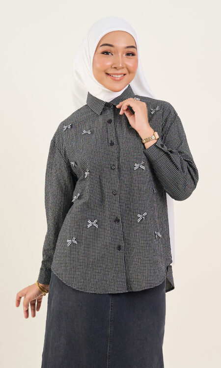 Natalie Checker Print Bow Embellished Shirt Black