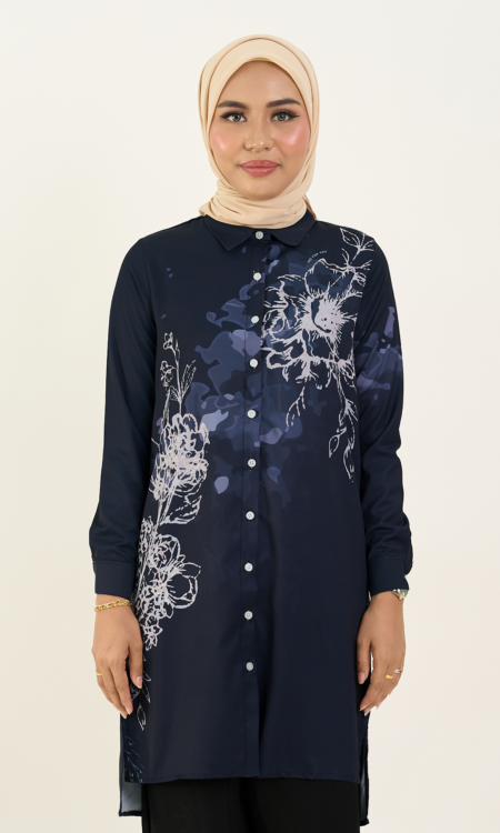 Nerina Printed Long Blouse Navy