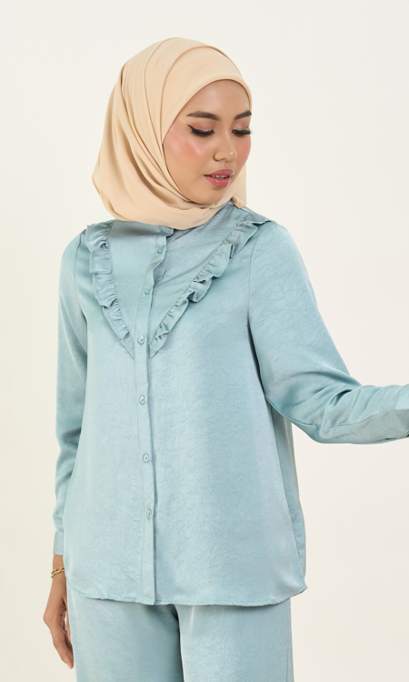 Isabelle Plus Size Satin Ruffled Blouse Greyish Blue